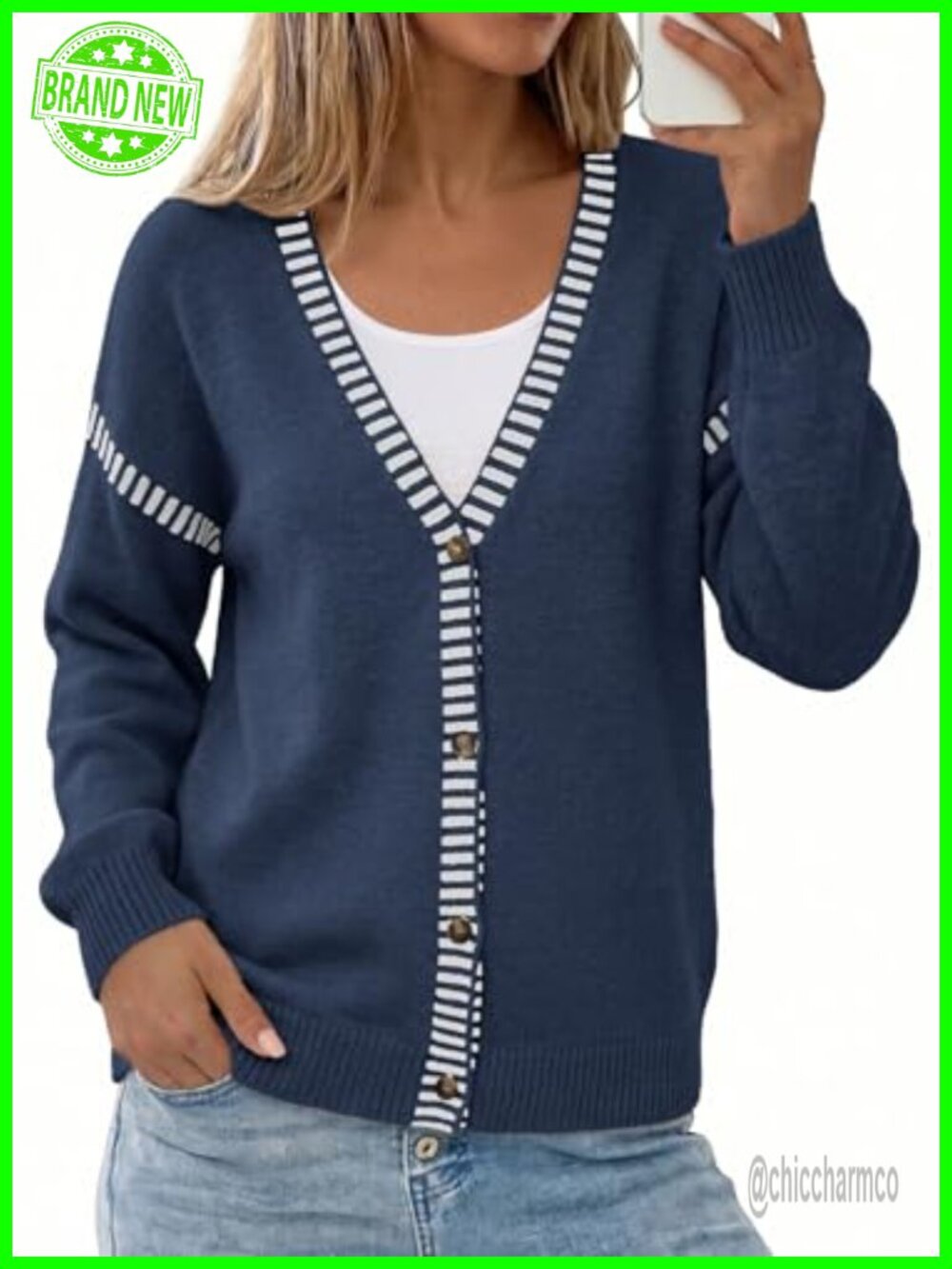 Oversized Button Front Cardigan Sweater with Stripe Trim, Long Sleeve V-Neck